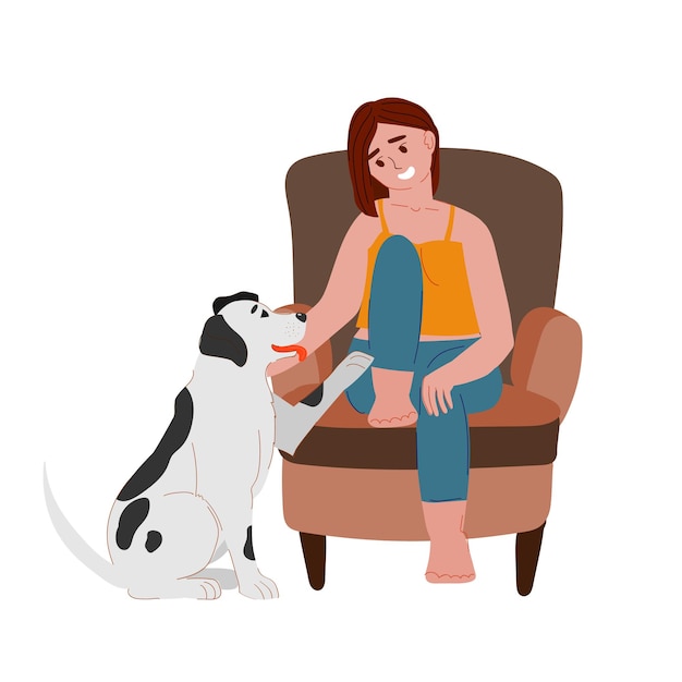 Vector woman with dog cartoon happy female character sitting on arm chair and looking at pet touching