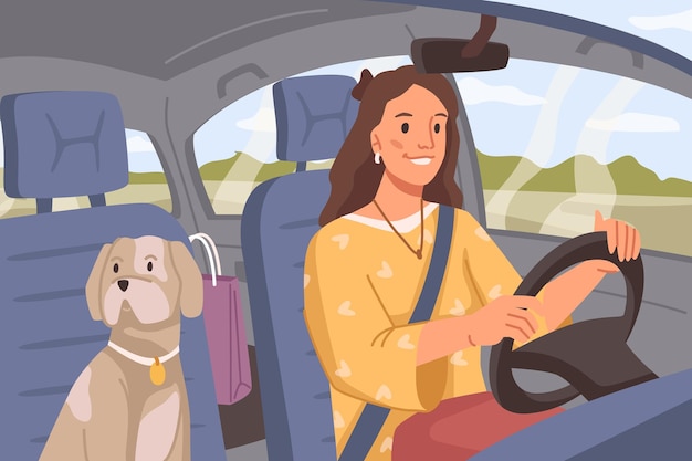 Woman with dog driving car road trip