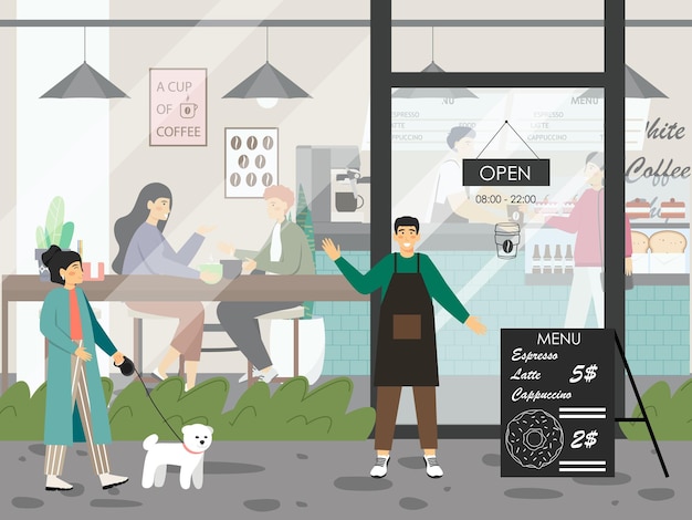 Woman with a dog walks by cafe with glass door. People drink coffee in restaurant, concept vector illustration. Cafe owner greets customers in front of his shop