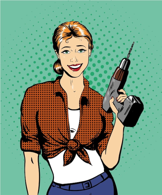 Woman with drill vector illustration in retro comic pop art style Girl with hardware power tools