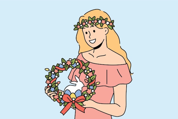 ベクトル 頭にイースターリースをかぶった女性は微笑み、色付きの卵とミニチュアウサギを抱えている 宗教的なキリスト教の祝日を祝うために招待しているイースターアクセサリーを付けたピンクのドレスを着た女の子