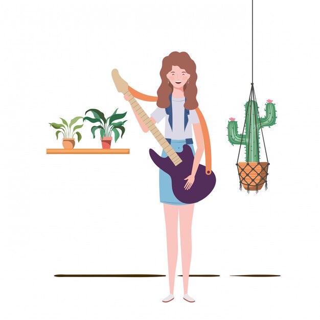 Woman with electric guitar and houseplants on macrame hangers