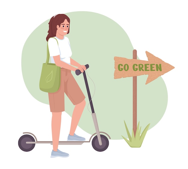 Woman with electric scooter 2d vector isolated illustration