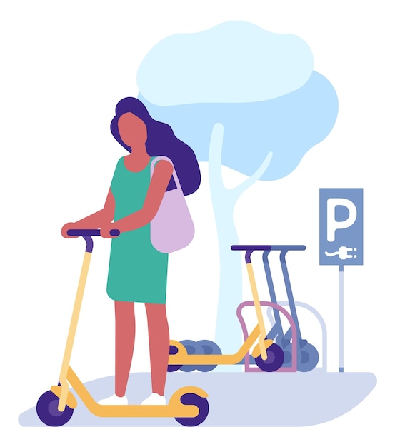 Vettore donna con scooter elettrico sulla stazione di ricarica. parcheggio ecologico