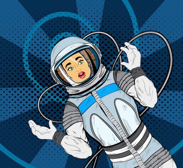 Woman with expression of surprise on her face in cosmonaut suit pop art style