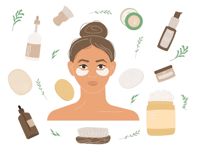 Vector a woman with a face mask and a lot of products