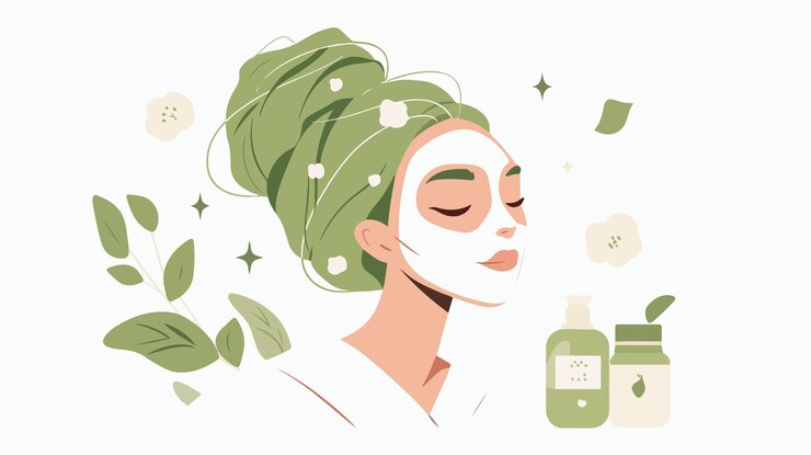 Vector woman with facial sheet mask applied skincare beauty treatment concept