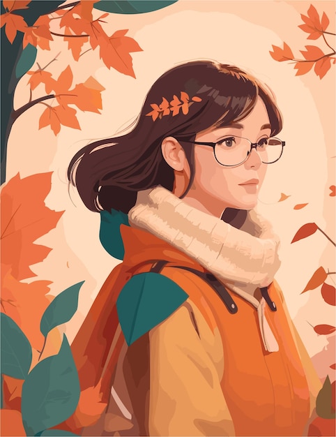 A woman with fall season and various weather flat illustration