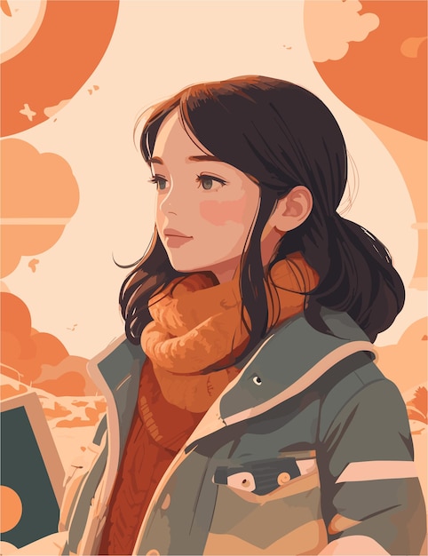 A woman with fall season and various weather flat illustration