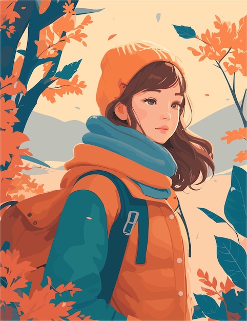 A woman with fall season and various weather flat illustration