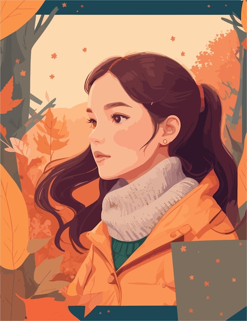 A woman with fall season and various weather flat illustration