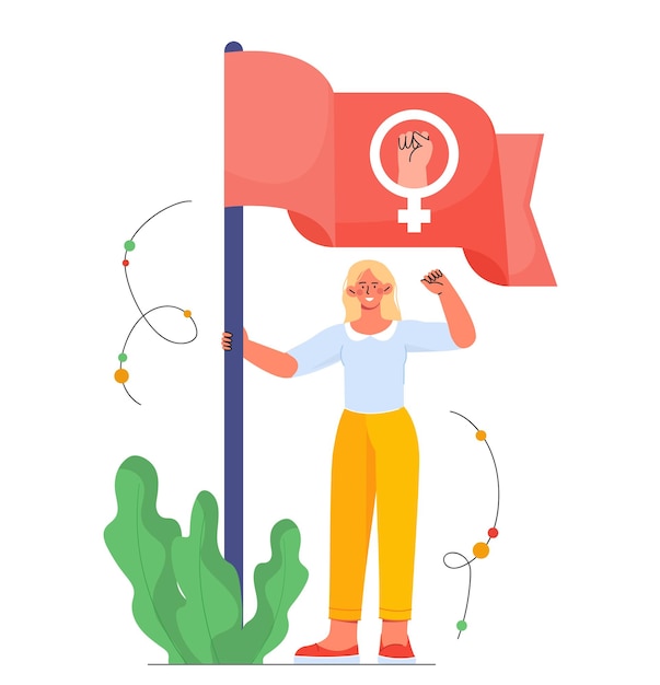 フェミニストの旗の概念を持つ女性赤い旗のセックス シンボルの文字を持つ若い女の子がジェンダーと戦う