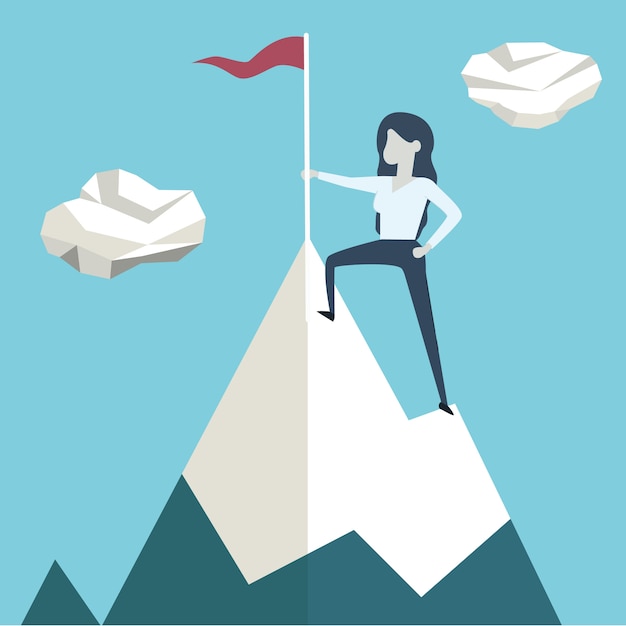 Woman with flag on a Mountain peak