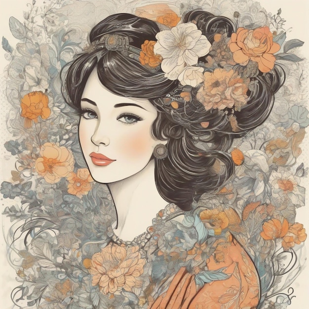 a woman with a flower in her hair is surrounded by flowers