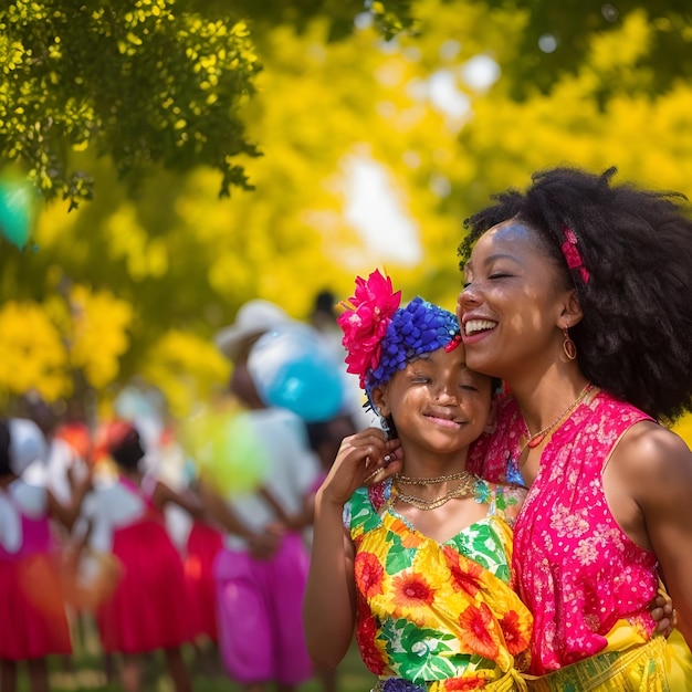 a woman with a flower on her head is smiling with a girl in a colorful dress