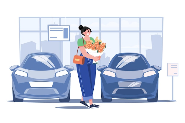 Woman With Flowers In A Car Showroom