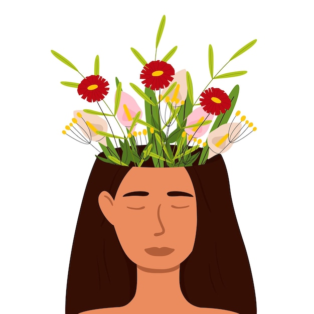 Premium Vector | A woman with flowers in her head mental health a ...