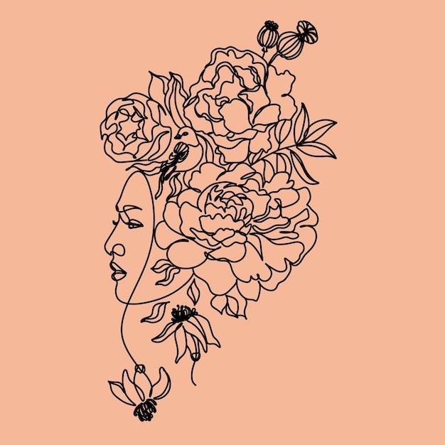 Woman with flowers line art vector minimalist line drawing flower head beauty fashion logo