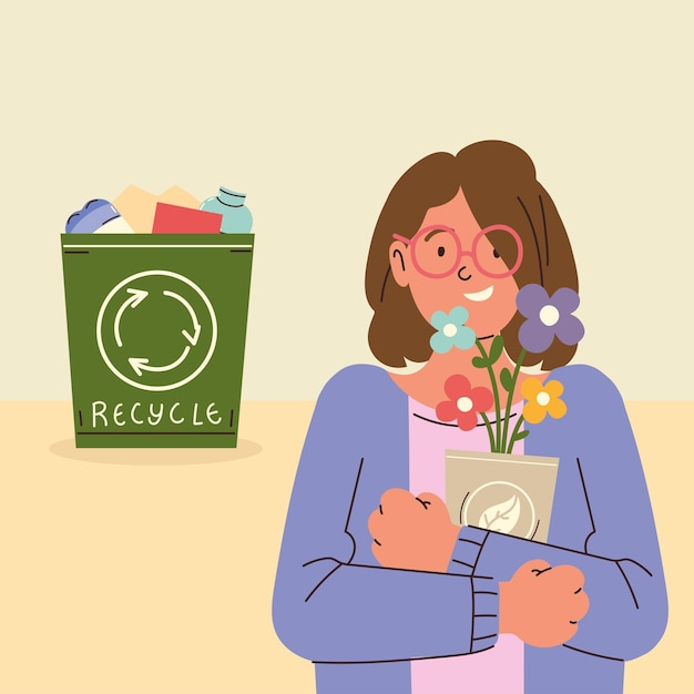 Woman with flowers and recycle bin