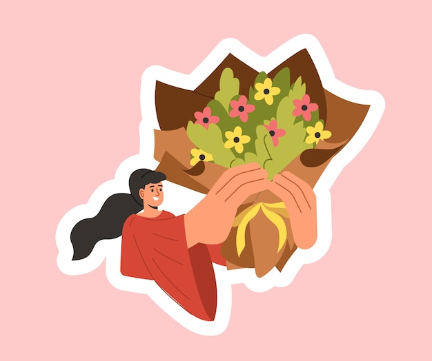 Woman with flowers sticker vector concept