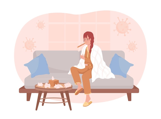 Woman with flu sitting on sofa 2d vector isolated illustration