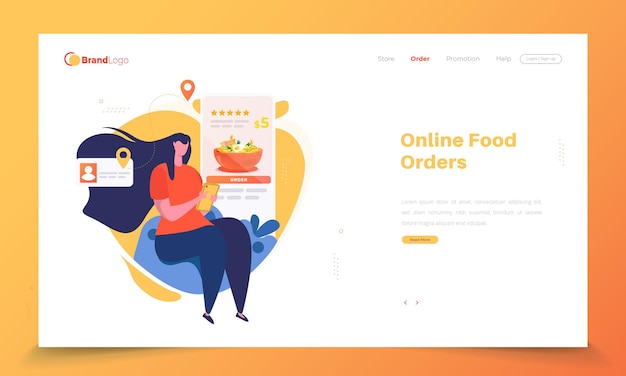 A woman with food ordering app on landing page