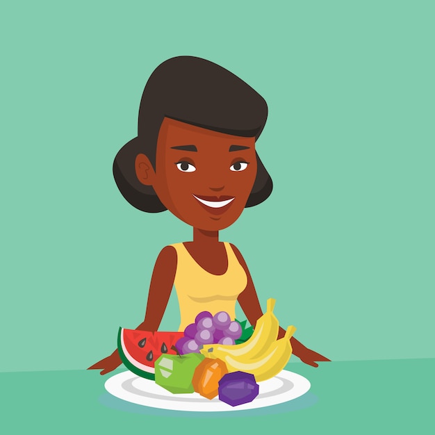 Vector woman with fresh fruits  .