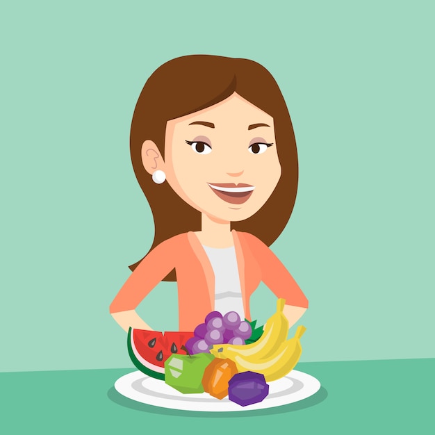 Vector woman with fresh fruits  .