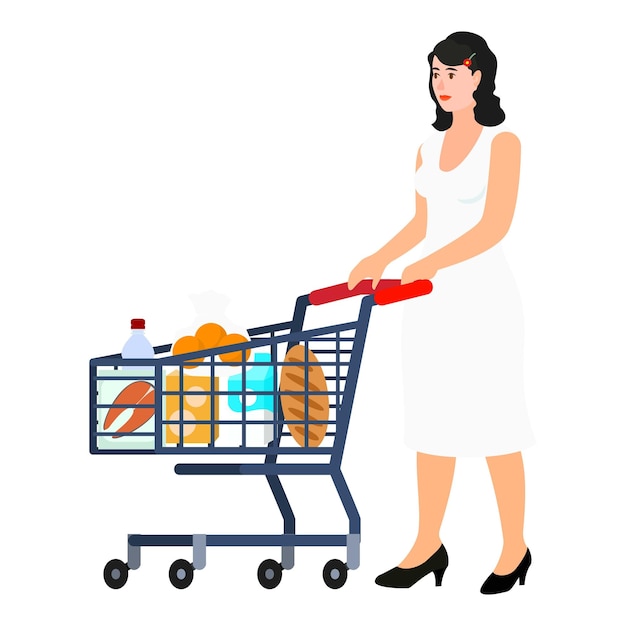 Woman with full shop cart icon Flat illustration of woman with full shop cart vector icon for web design