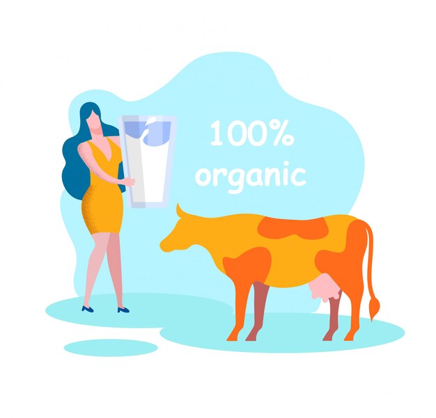 Woman with glass near cow. organic milk products.