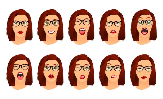 Woman with glasses facial expressions gestures emotions. Cartoon icons set isolated