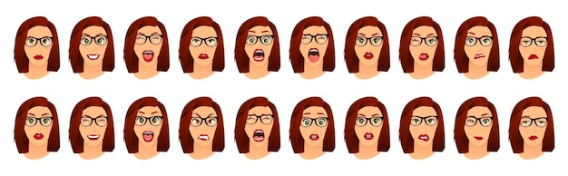 Vettore donna con occhiali espressioni facciali gesti emozioni felicità sorpresa disgusto tristezza rapimento