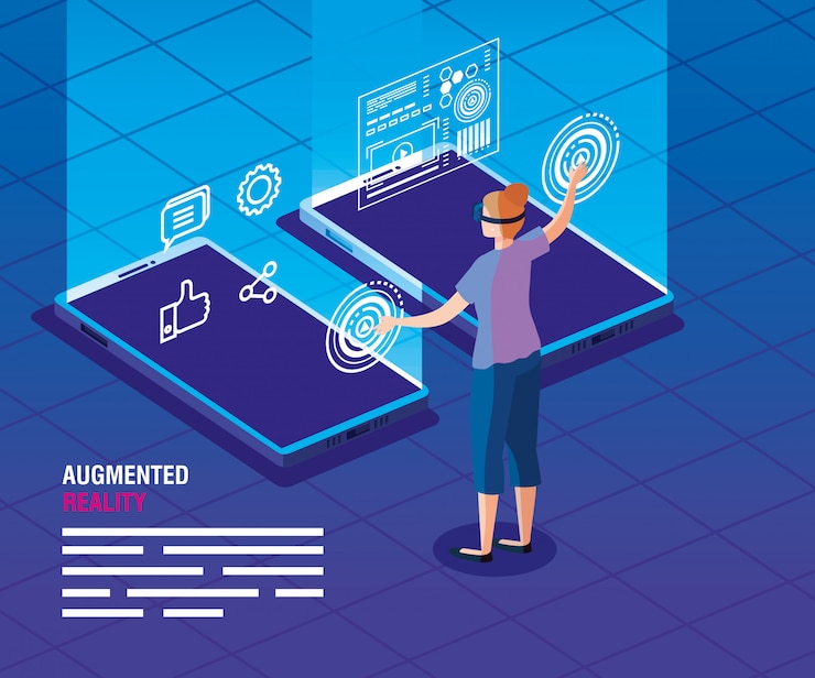 Vector woman with glasses of reality augmented and smartphones