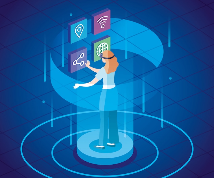 Vector woman with glasses of reality augmented and social media icons
