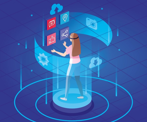 woman with glasses of reality augmented and social media icons