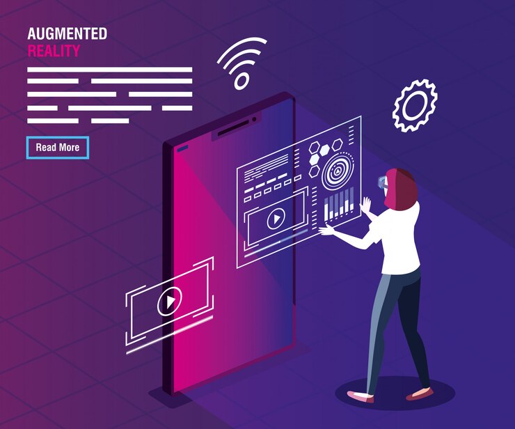 Vector woman with glasses and smartphone of technology reality augmented