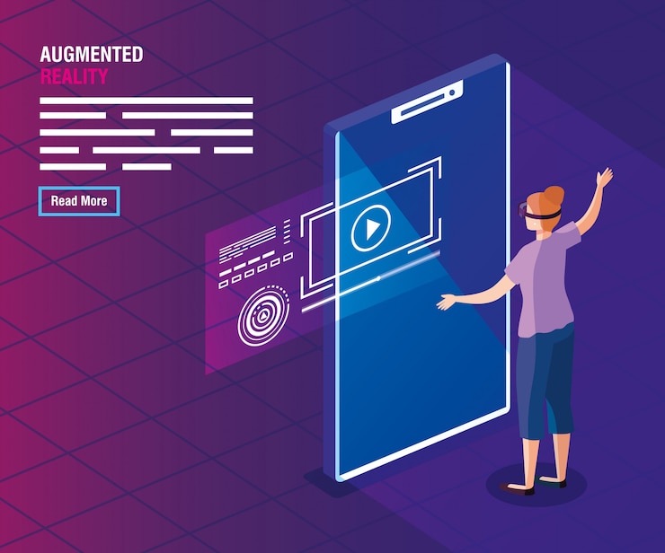 Vector woman with glasses and smartphone of technology reality augmented