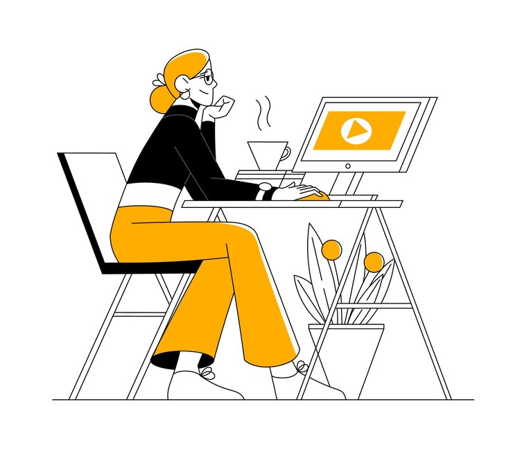 Vector woman with glasses works with computer in office desktop female character watching video