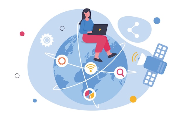 Woman with global web connection young girl at planet with laptop wireless connection and remote communication in social networks and messengers cartoon flat vector illustration