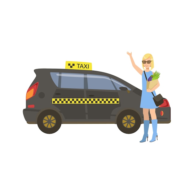 Woman with groceries catching black taxi car