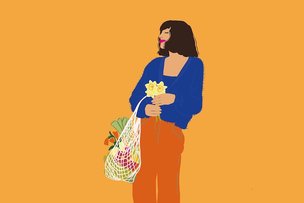 Woman with groceries and flower on background