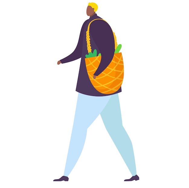 Vector woman with grocery bag walking casually lady shopper with a pineapple shaped reusable bag