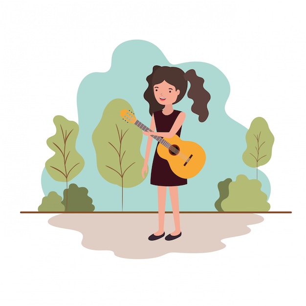 Vector woman with guitar in landscape avatar character
