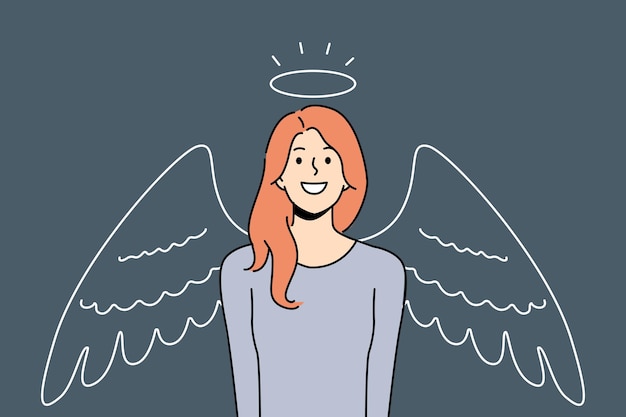 Vector woman with halo and angel wings smiles calling to be kind and merciful towards others girl angel wants to become volunteer charitable organization that helps those in need in solving social problems