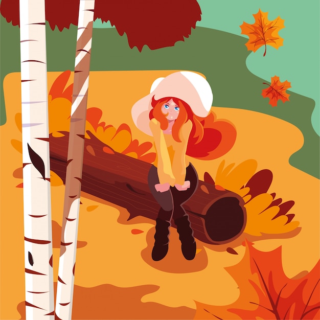 Vector woman with hat in autumn landscape