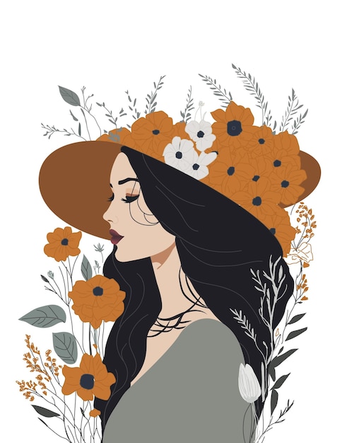 Vector woman with hat and flowers boho style