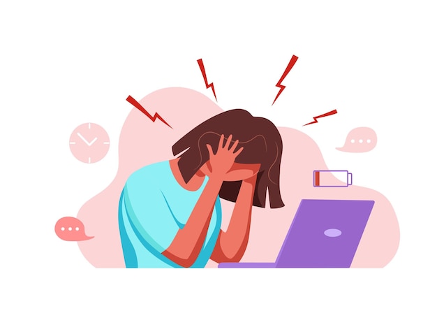 Vector woman with headache migraine holding her head cartoon vector illustration stressed unhappy