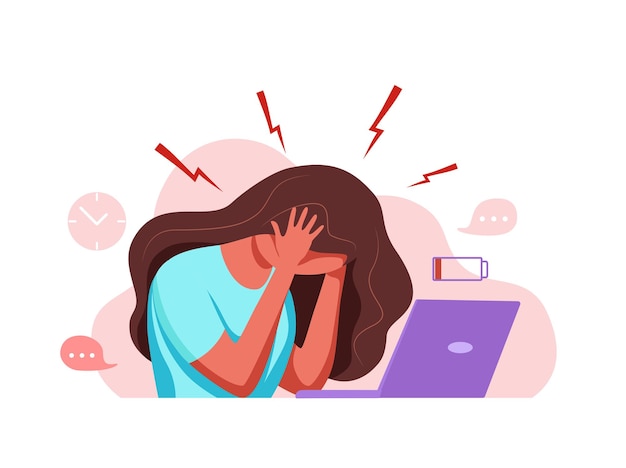 Vector woman with headache migraine holding her head cartoon vector illustration stressed unhappy