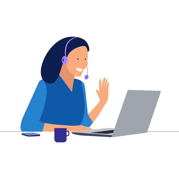 A woman with headphones and a microphone works on a laptop customer support service