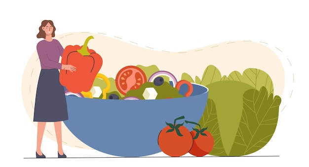 woman with healthy eating young girl with bowl of natural and organic products with vitamins tomatoes peppers and lettuce cabbage flat vector illustration